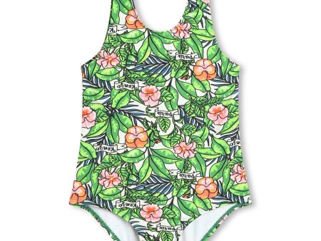 Girls Green Flowers Swimsuit For Discount