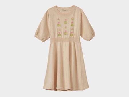 Girls Beige Embroidered Knit Dress Fashion