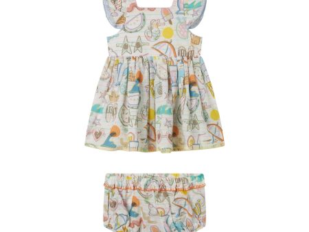 Baby Girls White Printed Cotton Dress Set For Sale