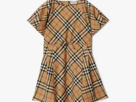 Girls Beige Check Cotton Dress For Cheap